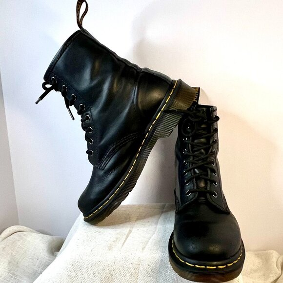 Dr. Martens Shoes - Dr. Martens 1460 Black Smooth Leather Combat Boots Iconic Yellow Stitch Size 8
